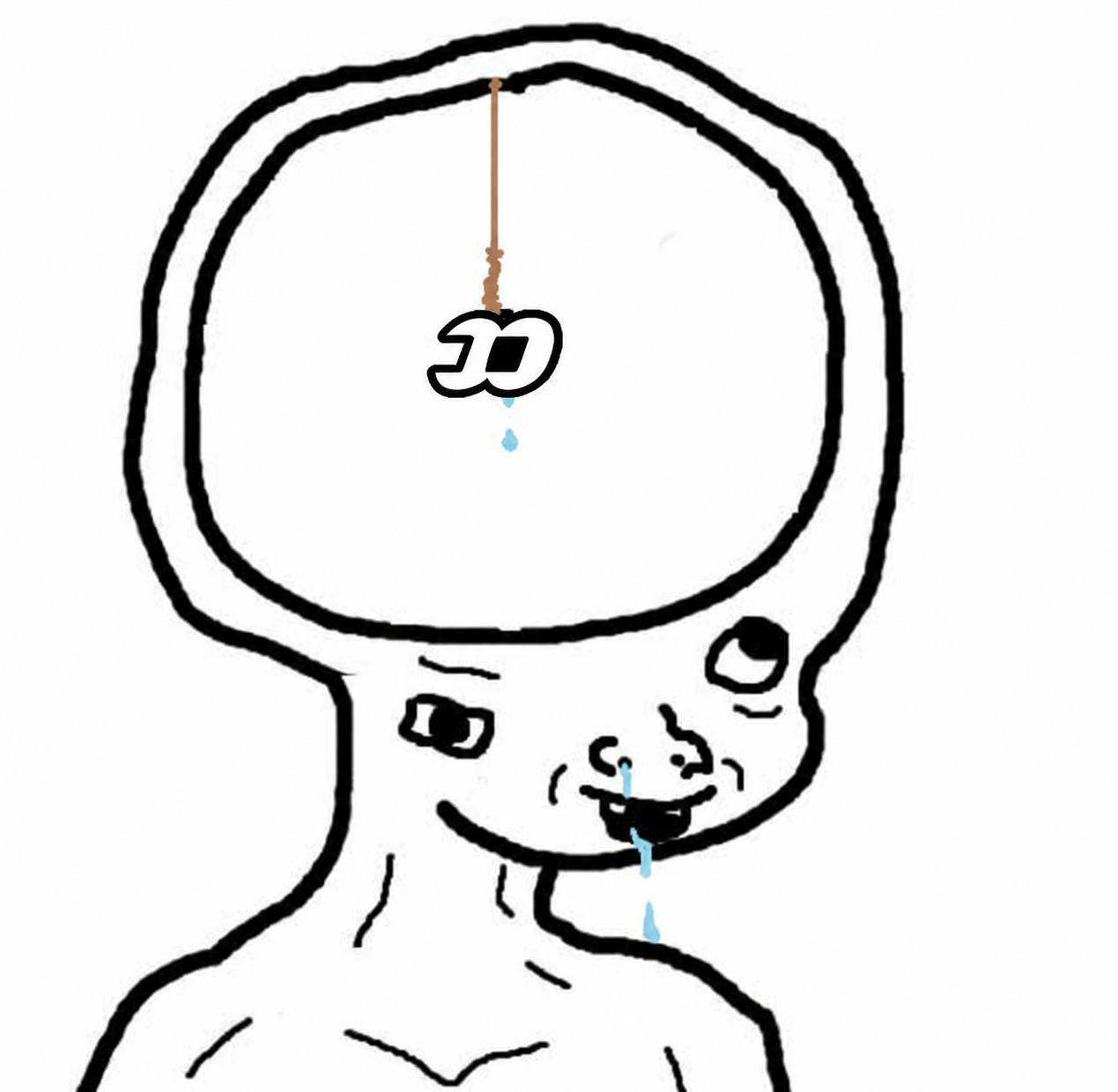 Hand-drawn wide-eyed character with an empty head and an emblem dangling from a brown rope
